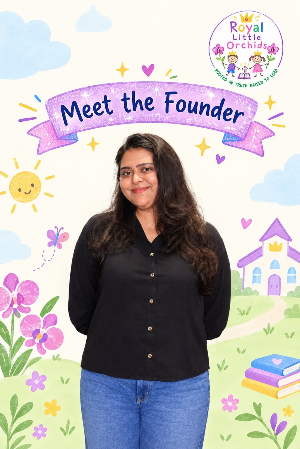 Meet the Founder: Susmitha Pulipaka, smiling, in front of an illustrated garden with orchids, a sun and a little chapel